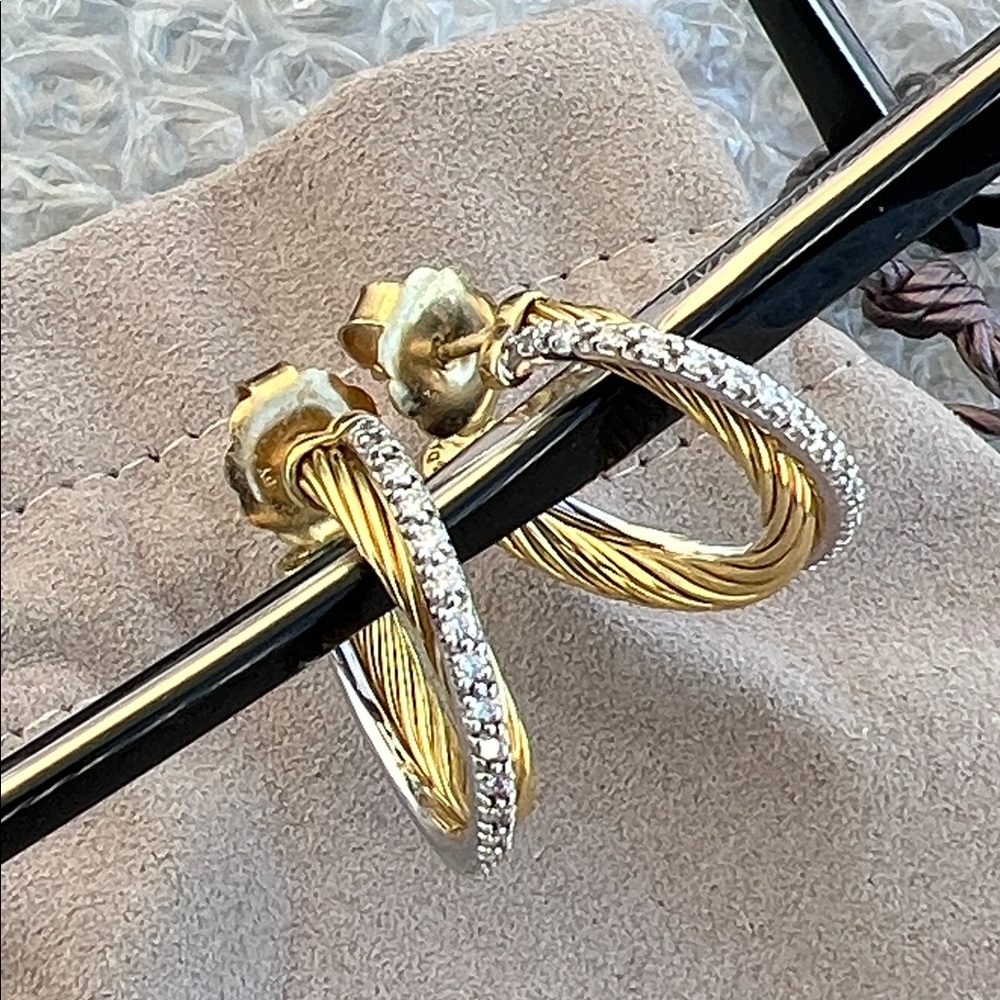 David Yurman Yellow /White 18 kGold / Diamonds Twisted Hoop Earrings.